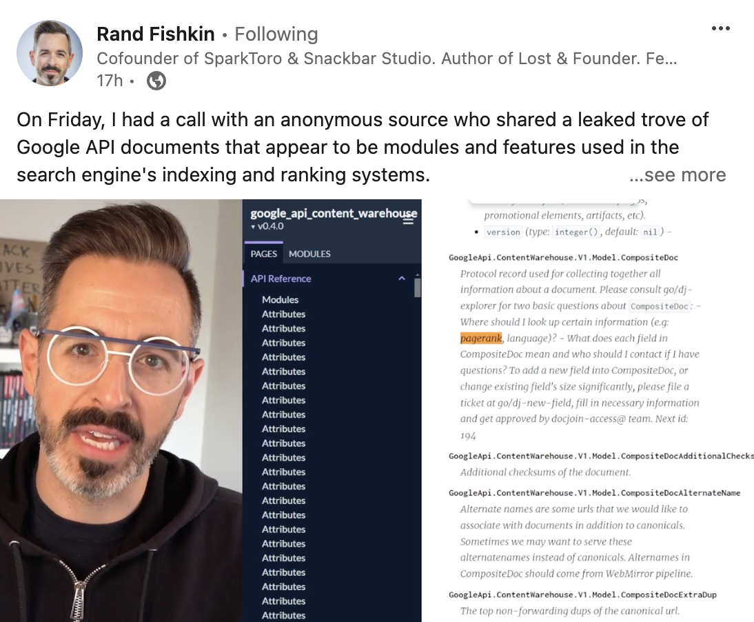 A tweet from Rand Fishkin highlighting the leaked Google API documents that he found